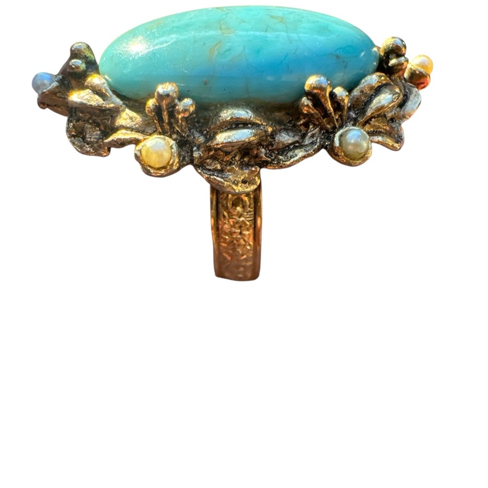 Vintage Ring Peking Glass Czech Glass Faux Turquoise Pearls Adjustable Back 40’s